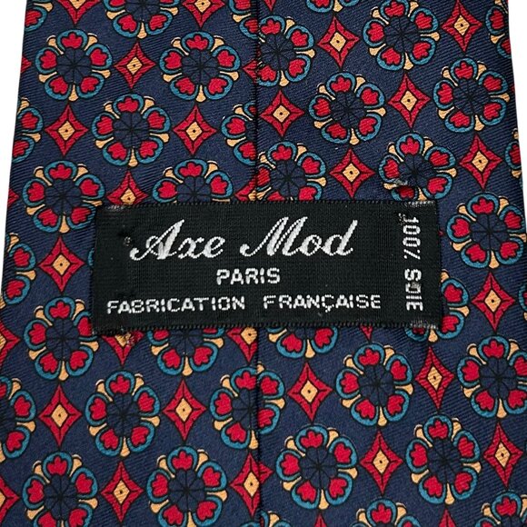 Axe Mod Paris Men's 100% Silk Navy Blue Red Gold Necktie Tie - Picture 4 of 5